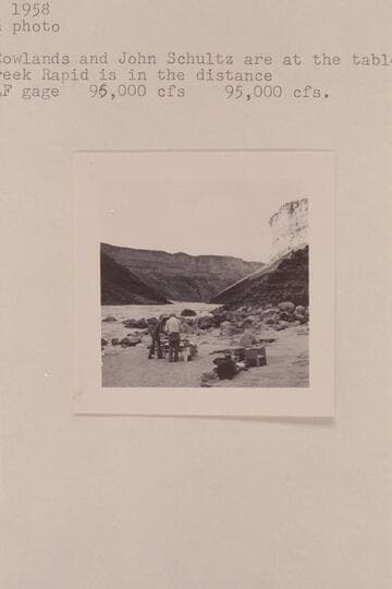 Camp at Mile 12.  Bryan Rowlands and John Schultz are at the table.  Soap Creek Rapid is in the distance