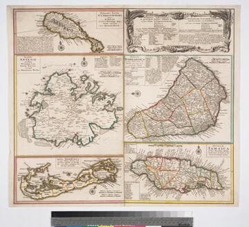 Dominia anglorum in preacipuis insulis Americae : ut sunt insula St. Christophori Antego Jamaica Barbados nec non insulae Bermudos vel Sommer dictae singulari mappa omnia exhibita et edita / ab Homannianus Heredibus.  Cum Privil. Sac. Caes. Majestatis