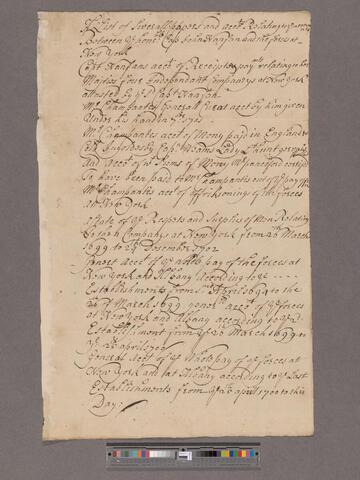 Nanfan, John. A List of Severall papers and Accots. Relating to ye accounts Between ye honoble. Cap. John Nanfan and the forces at New York