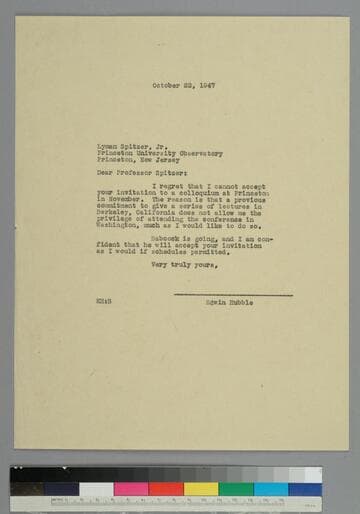 EPH writes to astrophysicist Lyman Spitzer