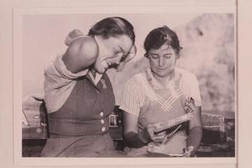 Lois Jotter and Elzada Clover at end of Grand Canyon traverse.  Pierce Ferry.  The first two women to make a Grand Canyon traverse